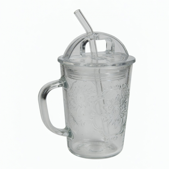 Simple Clear Glass Water Cup With Straw Lid And Handle 7 8 9 13 5cm Household Of